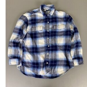 Old Navy Flannel Shirt Boyfriend Fit Women's Large‎ Blue White Plaid Long Sleeve